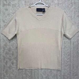 Oatmeal 90's Vintage Knit V-Neck Sweater Ribbed Sz M Made in England